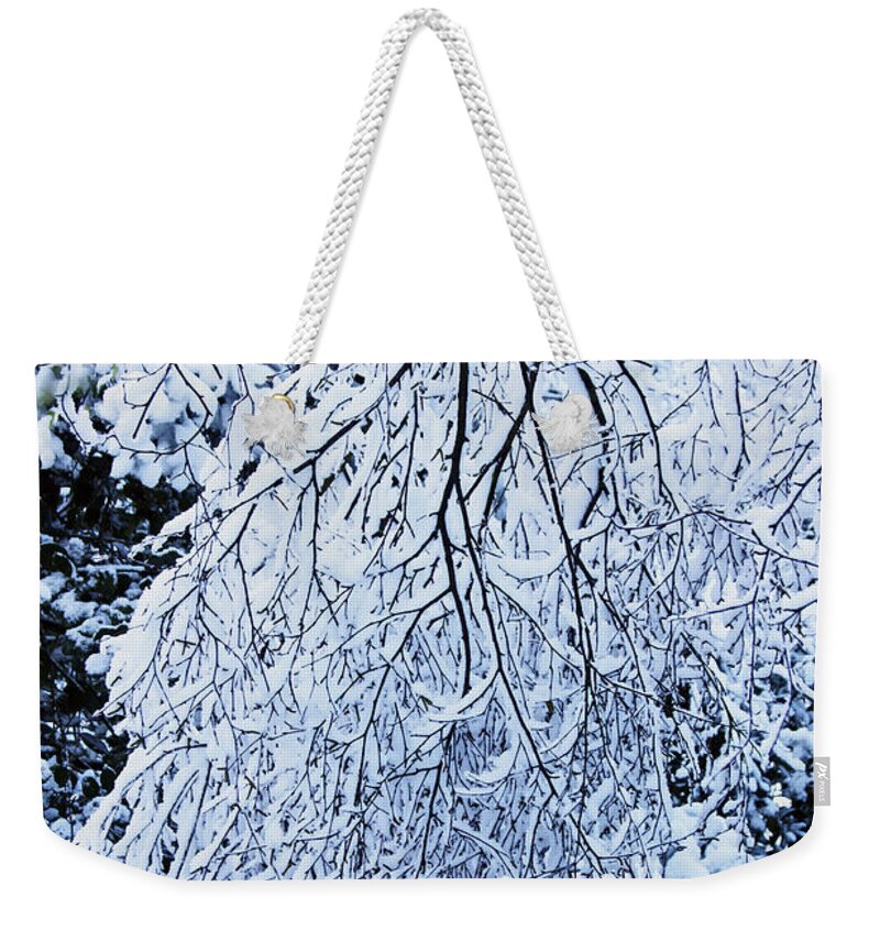 Rivington Weekender Tote Bag featuring the photograph 30/01/19 RIVINGTON. Snow Covered Branches. by Lachlan Main