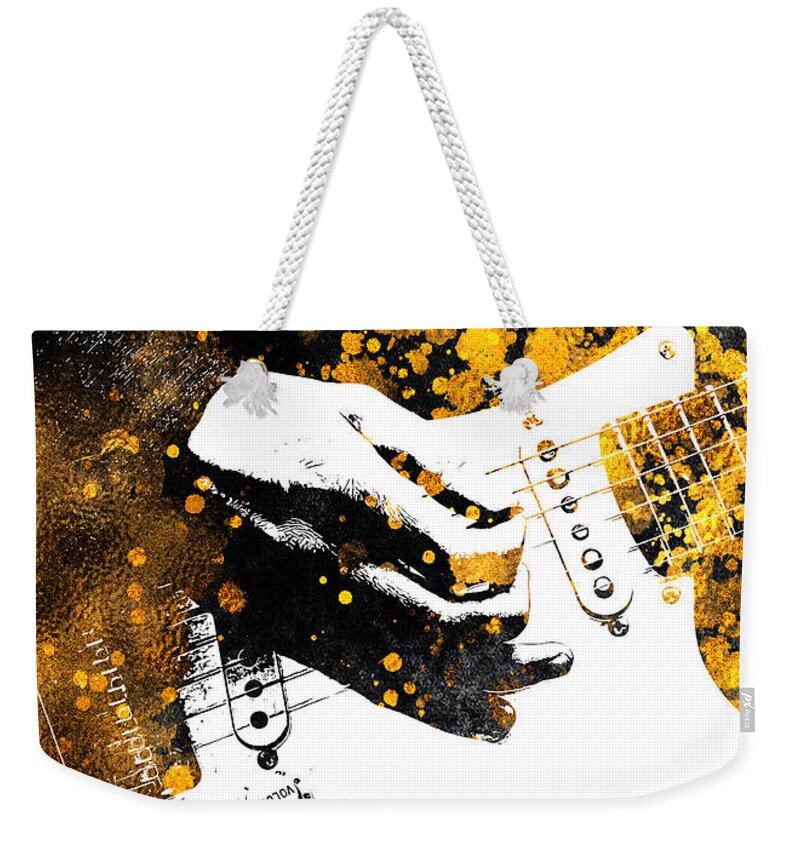 Music Weekender Tote Bag featuring the digital art Guitar music art gold and black #4 by Justyna Jaszke JBJart