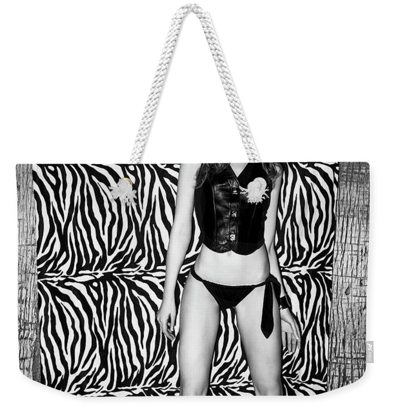 Top Artist Weekender Tote Bag featuring the photograph 4258 Model Shantia Zebra Party Scottsdale Arizona IVCCLVIII by Amyn Nasser