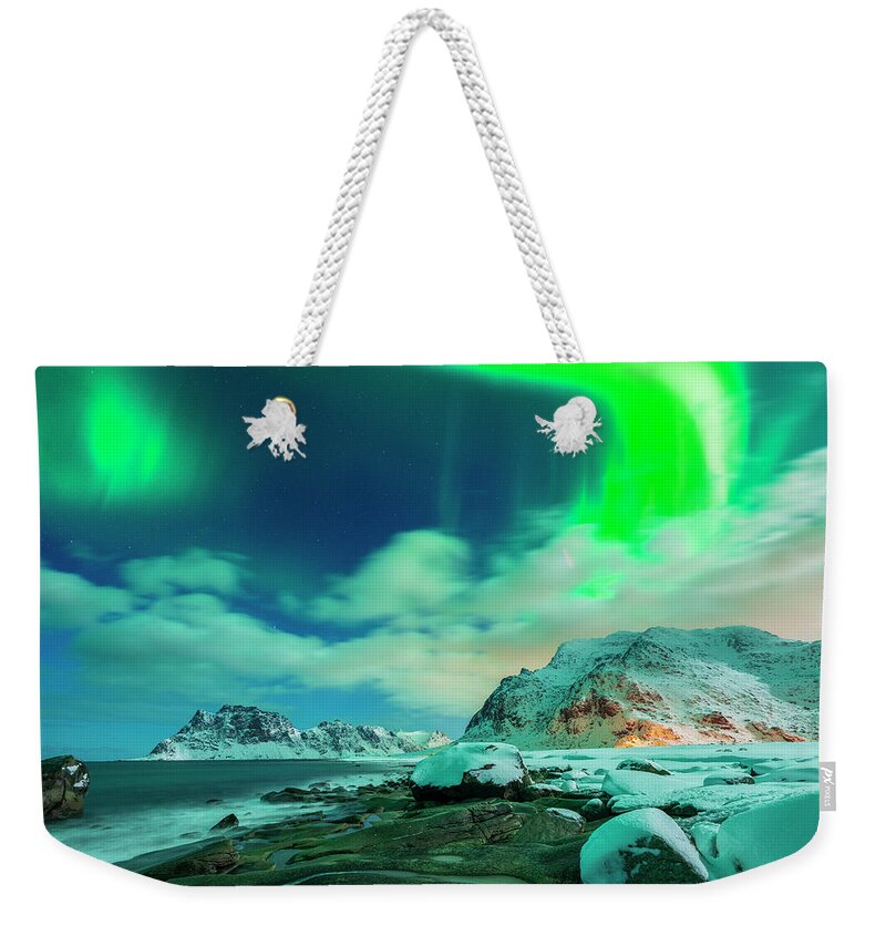 Estock Weekender Tote Bag featuring the digital art Norway, Nordland, Lofoten Islands, Vestvagoy, Uttakleiv Beach By Night With Aurora Borealis #5 by Sebastian Wasek