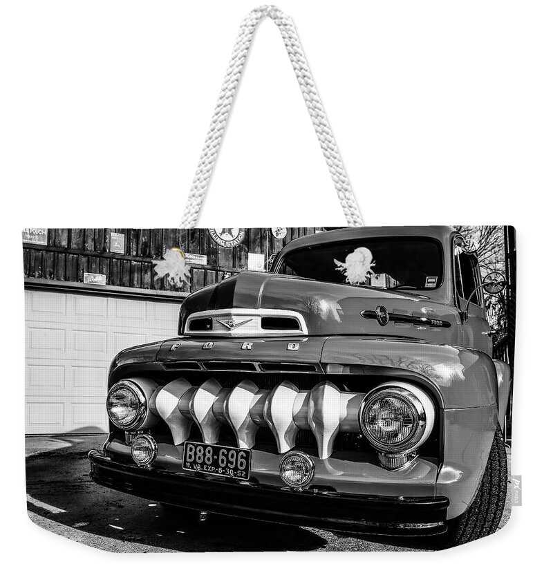 Antique Car Weekender Tote Bag featuring the photograph 52' Ford Truck BW by SC Shank
