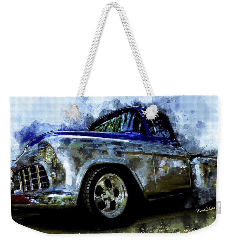 1956 Weekender Tote Bag featuring the digital art 56 Chevro Pickup Dreaming of Chrome by Chas Sinklier