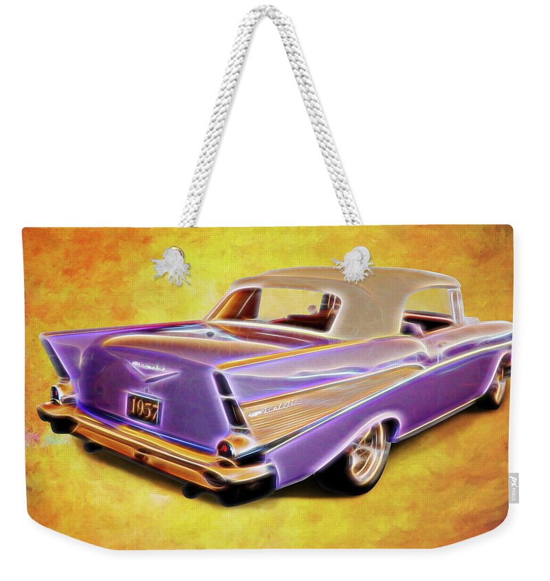 1957 Chevy Purple Weekender Tote Bag featuring the digital art 57 Droptop by Rick Wicker