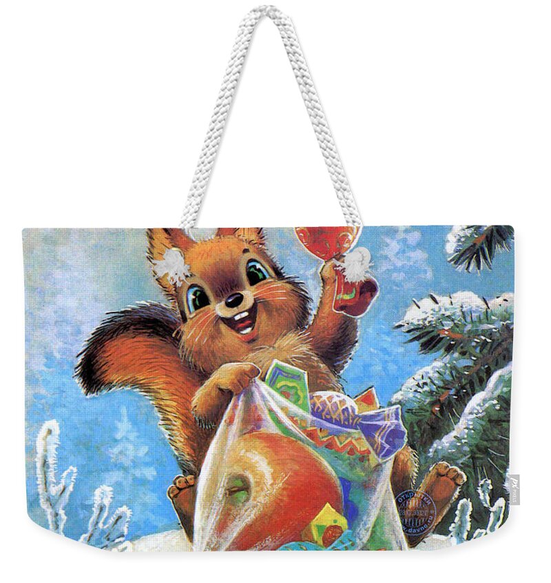 Squirrel Weekender Tote Bag featuring the digital art Vintage Soviet Holiday Postcard #6 by Long Shot