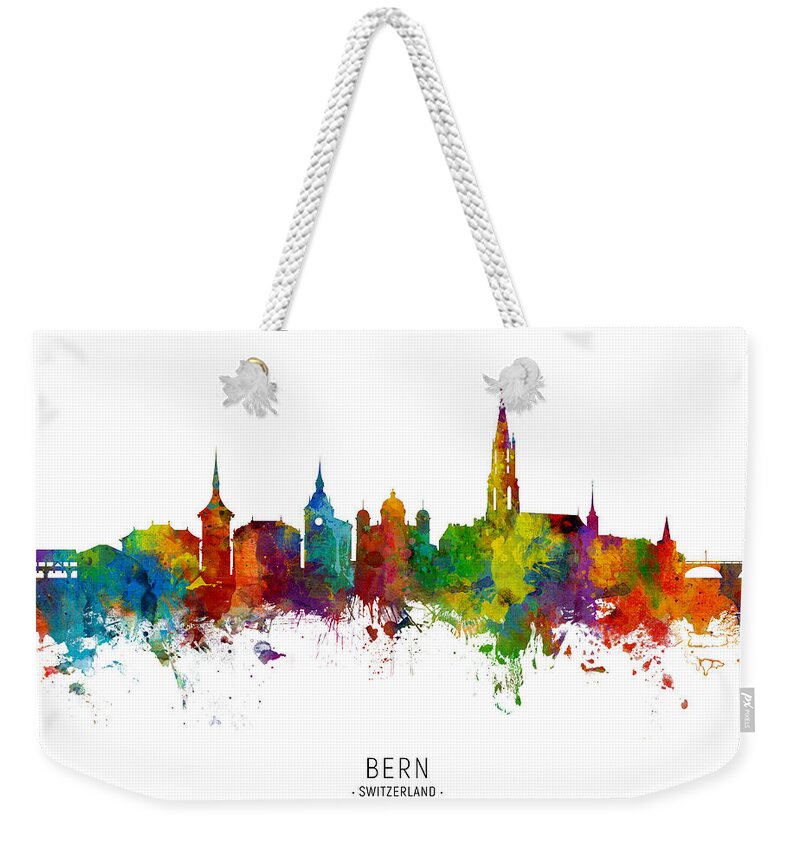 Bern Weekender Tote Bag featuring the digital art Bern Switzerland Skyline #7 by Michael Tompsett