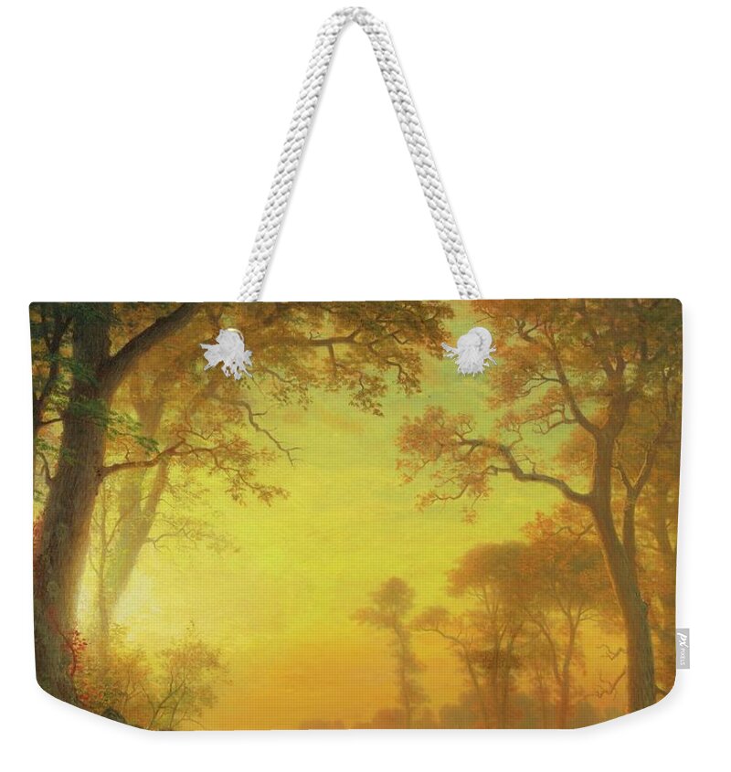 Light Weekender Tote Bag featuring the painting Light in the Forest by Albert Bierstadt