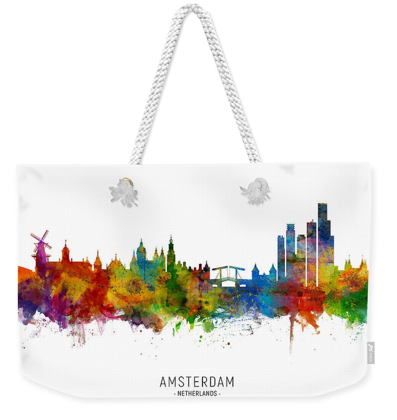 Amsterdam Weekender Tote Bag featuring the digital art Amsterdam The Netherlands Skyline by Michael Tompsett
