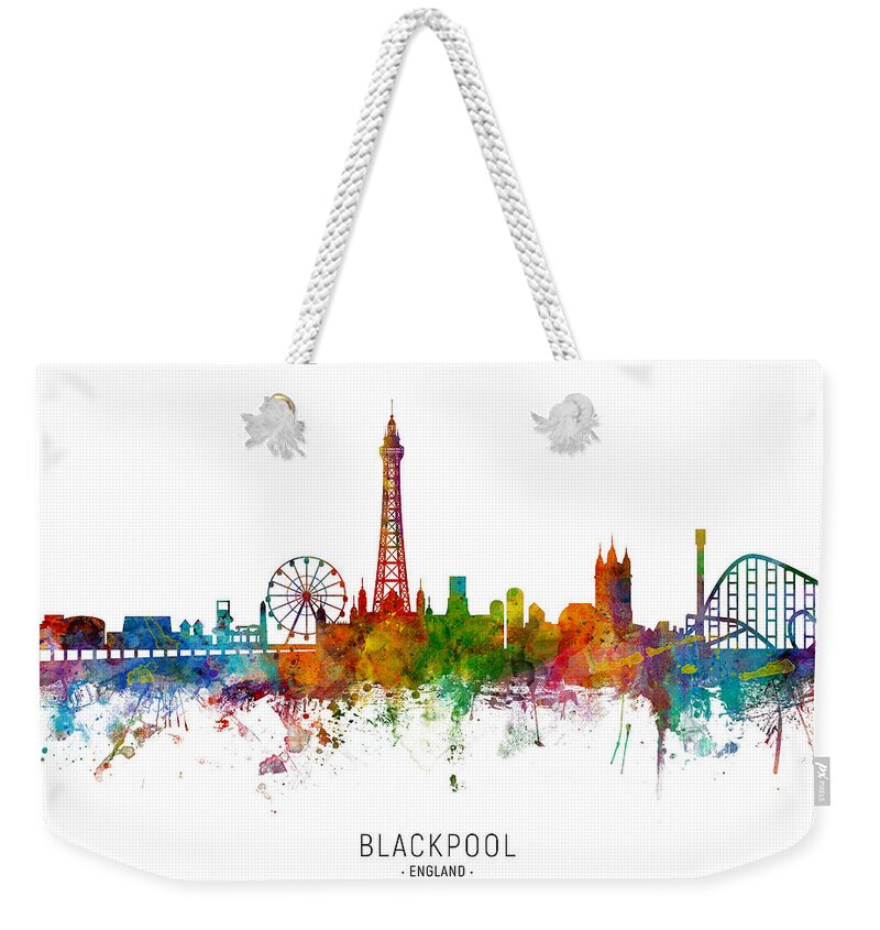 Blackpool Weekender Tote Bag featuring the digital art Blackpool England Skyline by Michael Tompsett