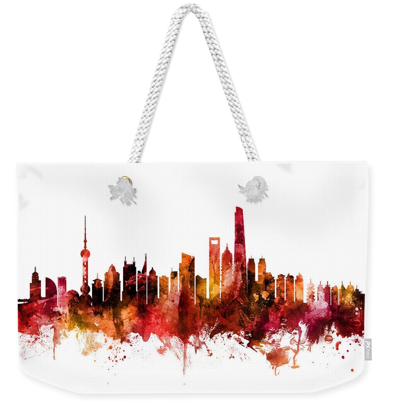 Shanghai Weekender Tote Bag featuring the digital art Shanghai China Skyline #8 by Michael Tompsett