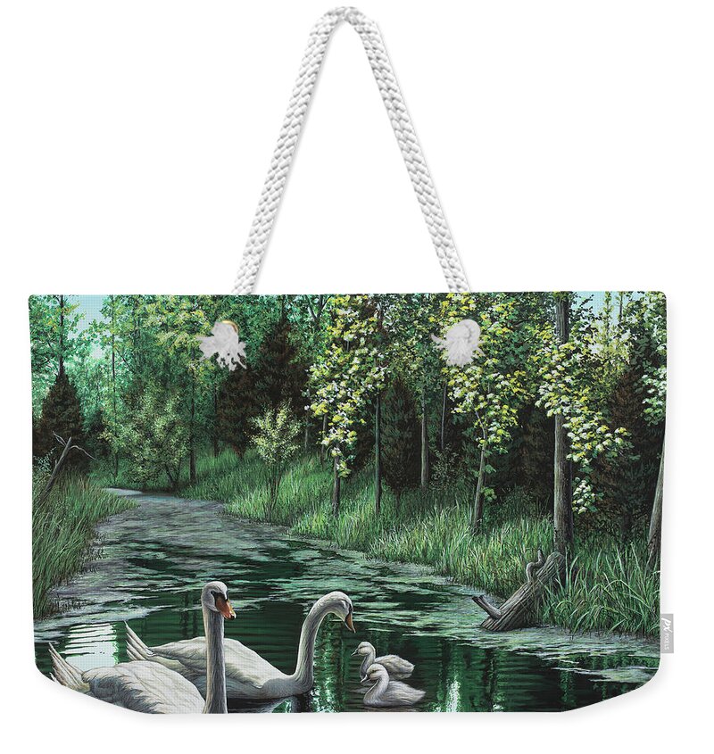Swan Weekender Tote Bag featuring the painting A Day Out by Anthony J Padgett