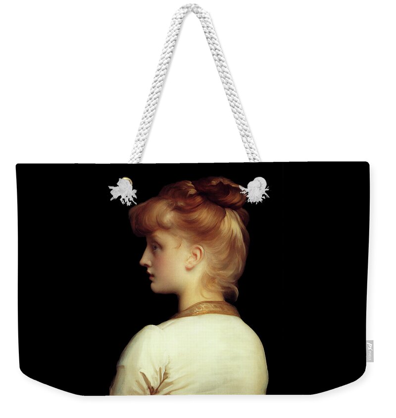 A Girl Weekender Tote Bag featuring the painting A Girl by Lord Frederic Leighton	 by Rolando Burbon