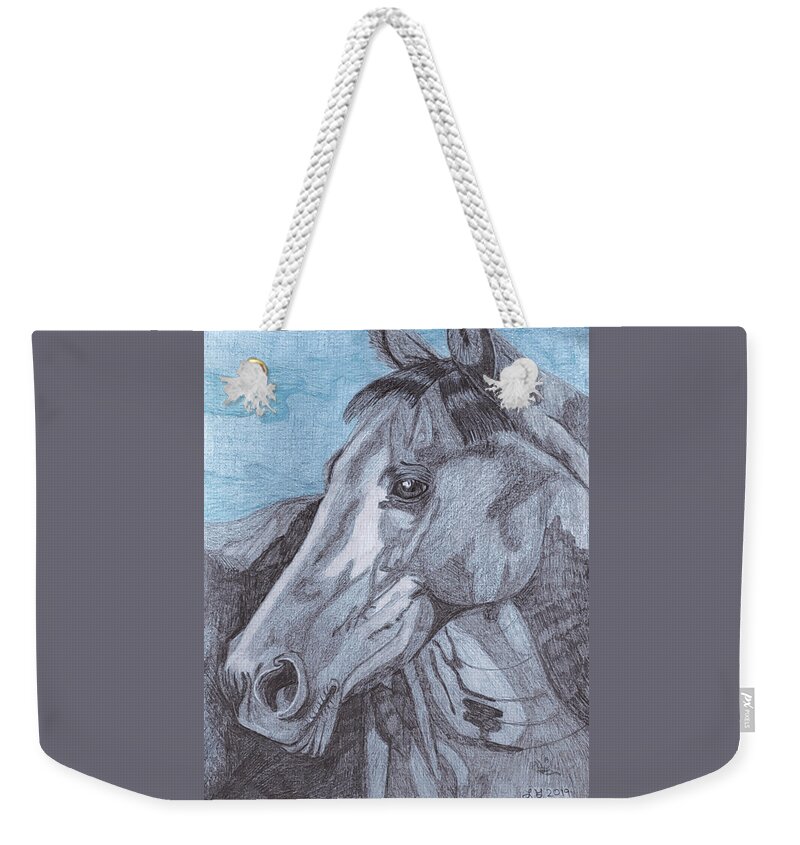 Black Horse Weekender Tote Bag featuring the drawing A Horse for Arthur by Equus Artisan