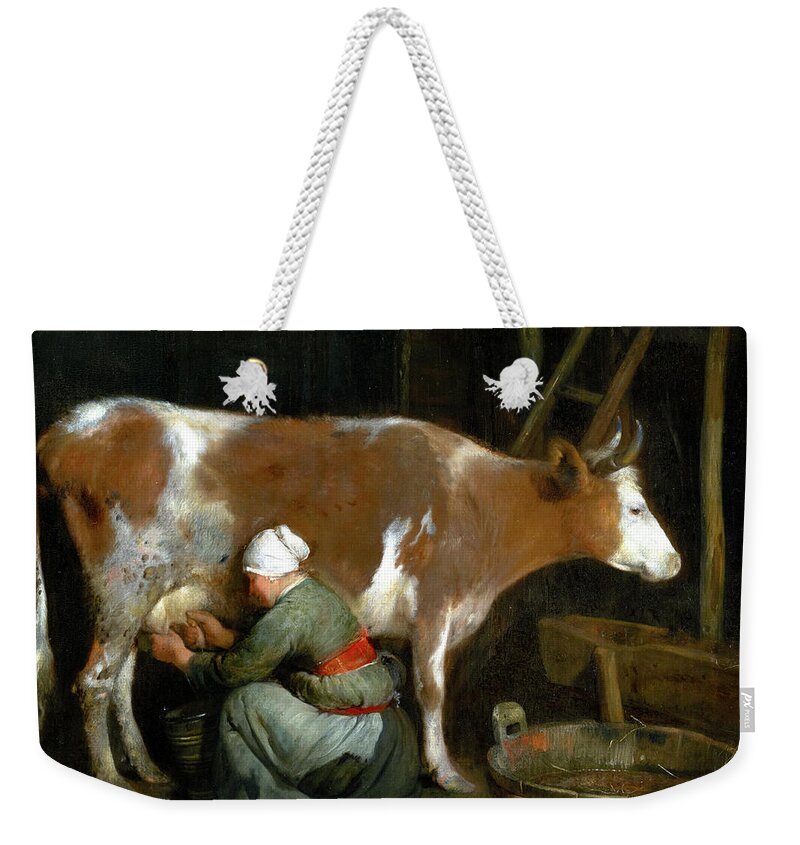 Gerard Ter Borch Weekender Tote Bag featuring the painting A Maid Milking a Cow in a Barn by Audrey Jeanne Roberts