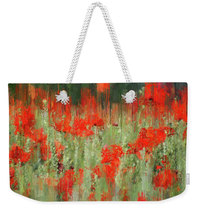 Flower Weekender Tote Bag featuring the painting A meadow full of red flowers - 04 by AM FineArtPrints