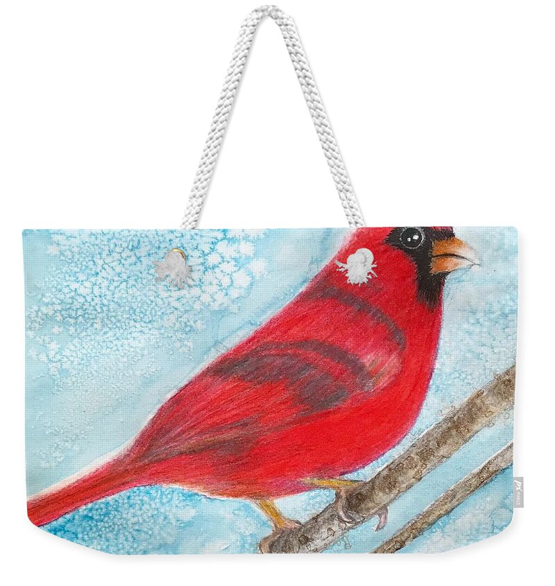 Red Bird Weekender Tote Bag featuring the mixed media A red bird by Wonju Hulse