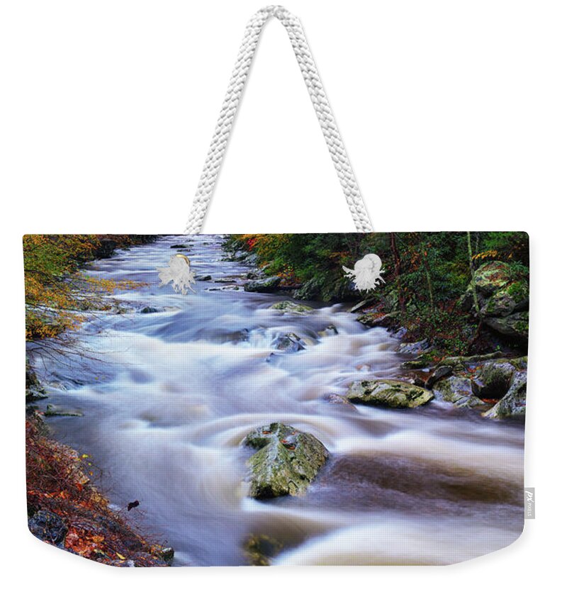 Great Smoky Mountains National Park Weekender Tote Bag featuring the photograph A River Runs Through Autumn by Greg Norrell
