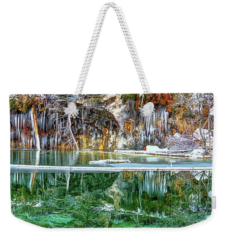  Olena Art Weekender Tote Bag featuring the photograph A Serene Chill - Hanging Lake Colorado Panorama by Lena Owens - OLena Art Vibrant Palette Knife and Graphic Design