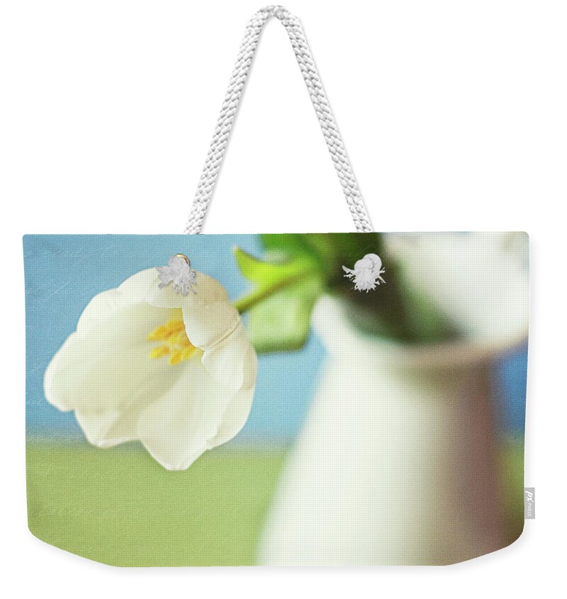 Vase Weekender Tote Bag featuring the photograph A Single White Tulip by Images By Debbie Wibowo