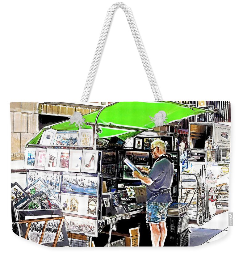 Street Weekender Tote Bag featuring the painting A street vendor selling art in New York by Jeelan Clark