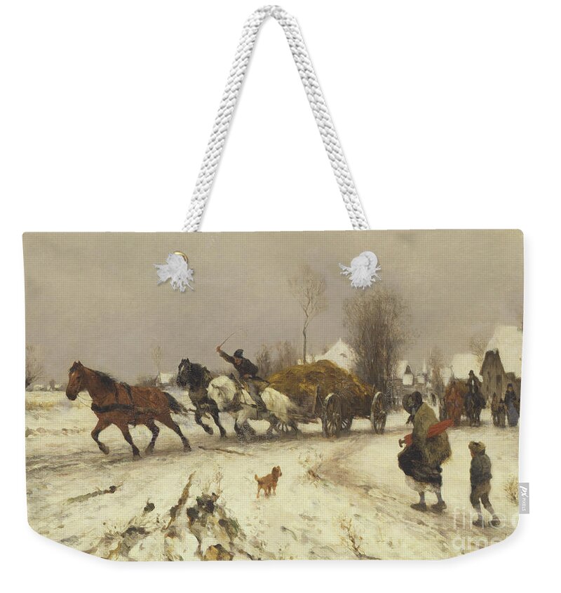 Horse Weekender Tote Bag featuring the painting A Village in Winter, 1876 by Thomas Ludwig Herbst