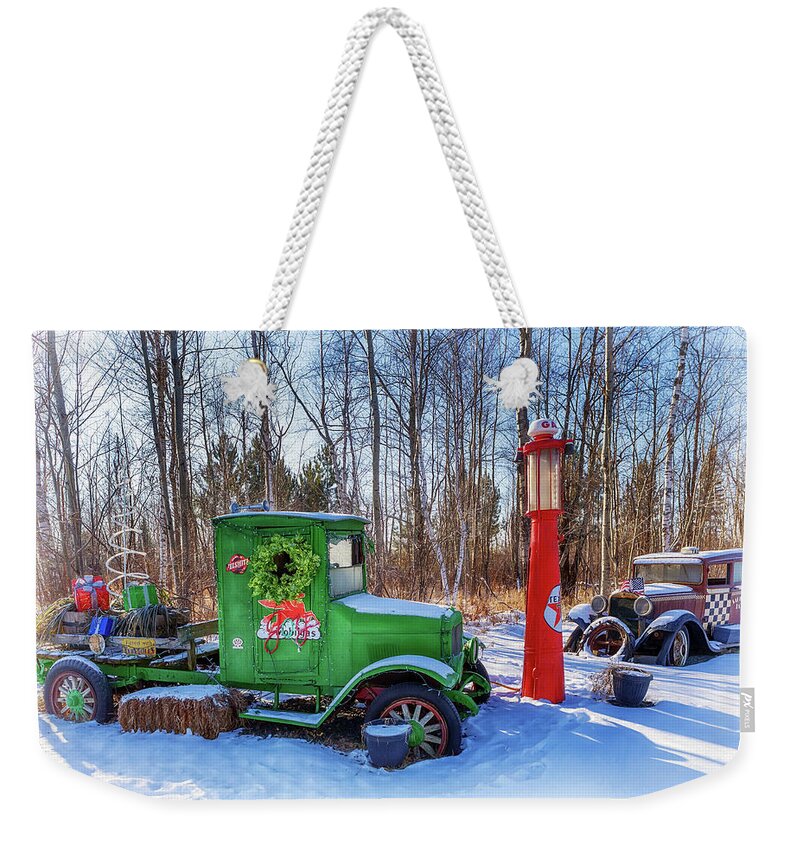 Classic Cars Weekender Tote Bag featuring the photograph A Vintage Christmas by Susan Rissi Tregoning