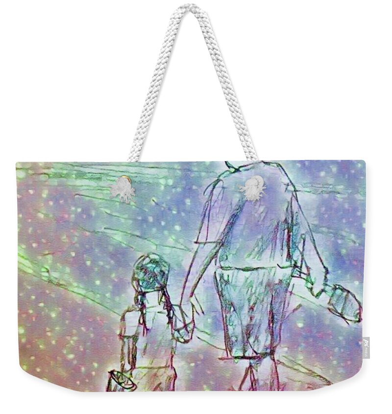 Father And Young Daughter Walking On The Beach; Father's Day Card Weekender Tote Bag featuring the mixed media Magic Moment by Lavender Liu