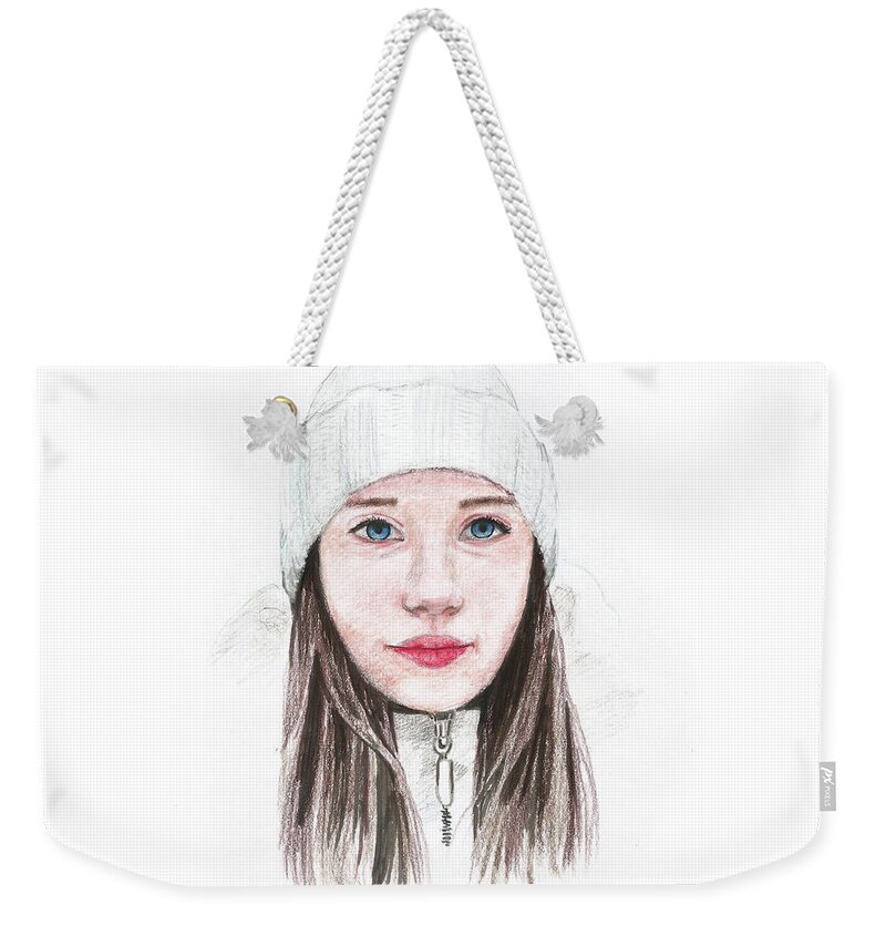 Winter Weekender Tote Bag featuring the drawing A Winter Girl by Masha Batkova