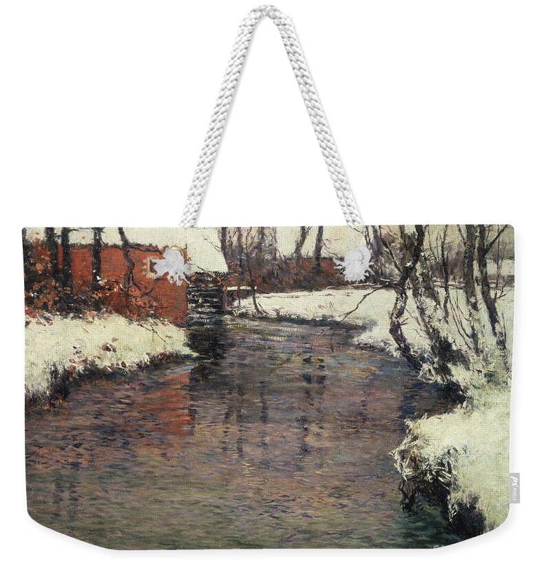Winter Weekender Tote Bag featuring the painting A Winter River Landscape by Fritz Thaulow