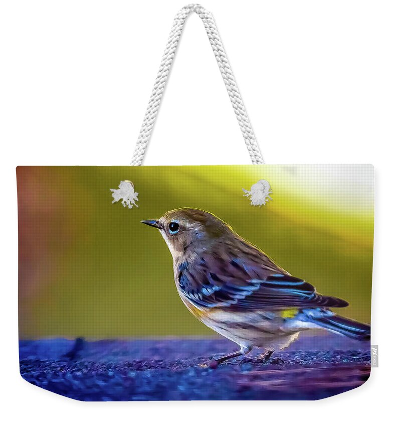 Bird Weekender Tote Bag featuring the digital art A Yellow Rumped Warbler Visitor by Ed Stines
