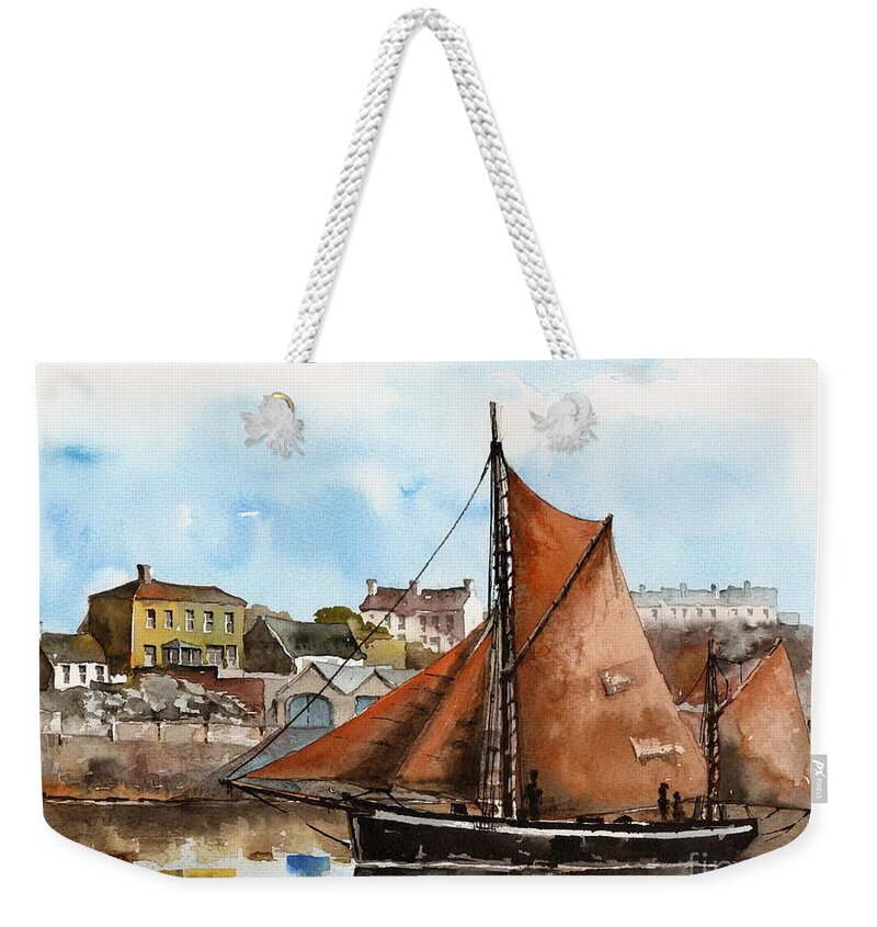 Ireland Weekender Tote Bag featuring the painting A Zulu off Inismore, Aran, Galway. by Val Byrne