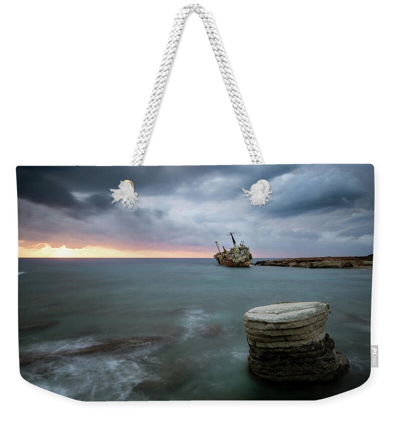 Seascape; Coastline; Sunset; Sundown Weekender Tote Bag featuring the photograph Abandoned Ship EDRO III Cyprus by Michalakis Ppalis