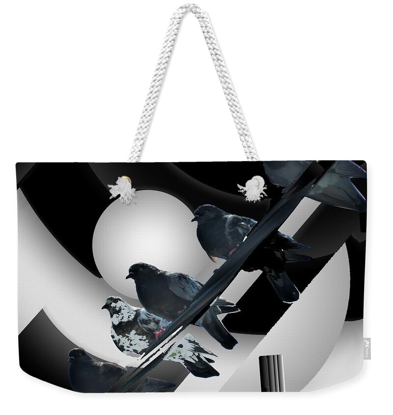 Modern Abstract Weekender Tote Bag featuring the mixed media Abstract Birds on a wire Black n White 3of3 by Joan Stratton