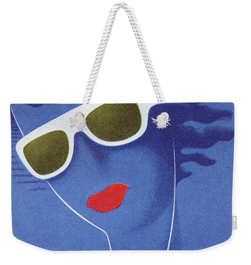 Abstract Weekender Tote Bag featuring the drawing Abstract Face with Sunglasses and Red Lips by CSA Images