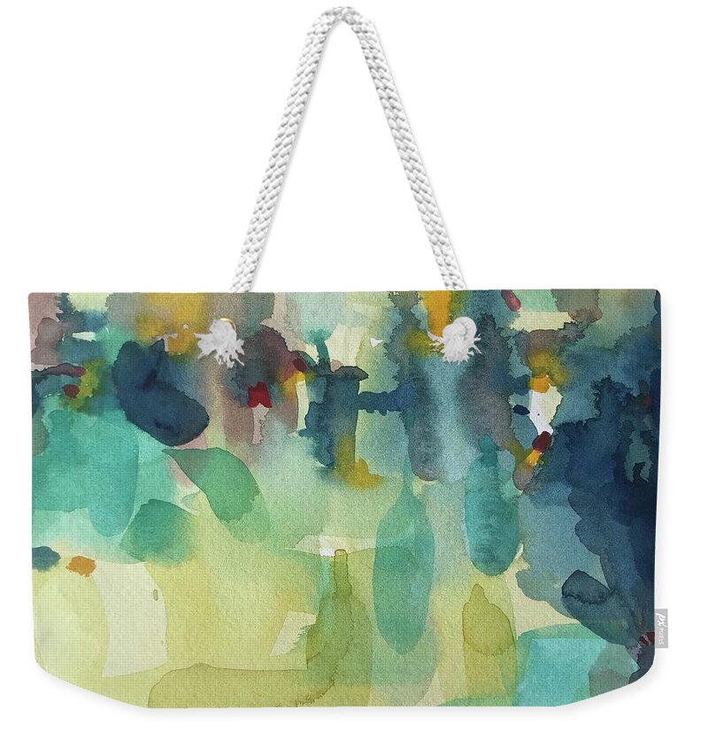 Abstract Weekender Tote Bag featuring the painting Abstract Greens and Blues by Luisa Millicent