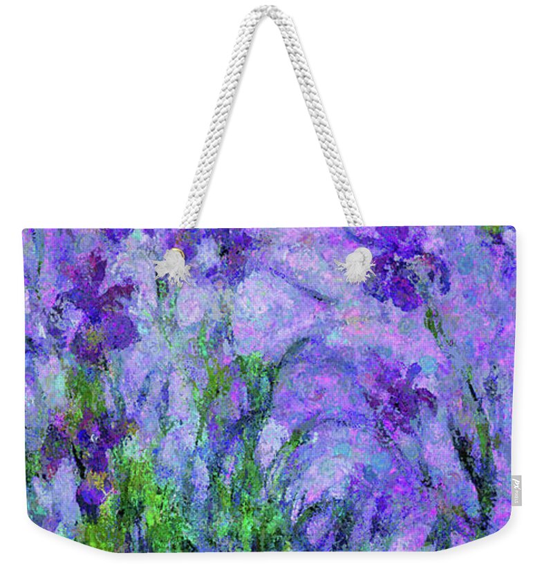 Field Of Iris Flowers Weekender Tote Bag featuring the mixed media Abstract Realism Field Of Iris In Spring by Georgiana Romanovna