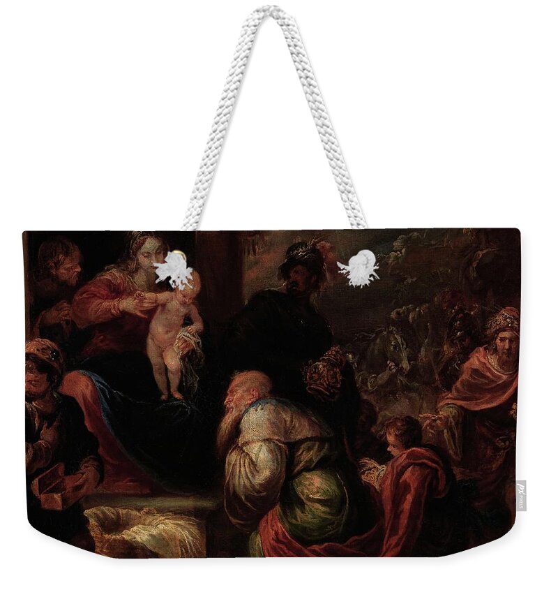 Adoration Of The Magi Weekender Tote Bag featuring the painting 'Adoration of the Magi', ca. 1670, Spanish School, Canvas, 54 cm x 57 cm, P01129. by Francisco Rizi -1614-1685-