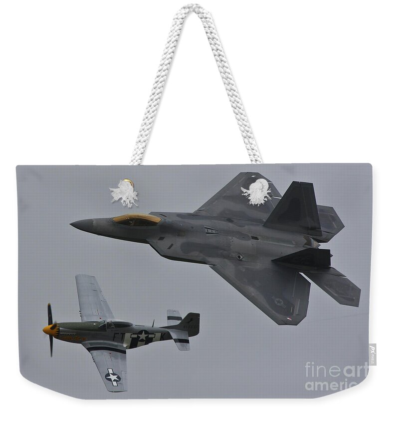 F22 P51 Weekender Tote Bag featuring the photograph Aerial Domination by Greg Smith