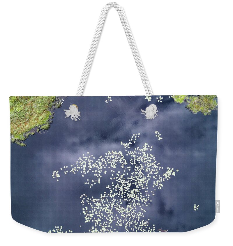 Scott Leslie Weekender Tote Bag featuring the photograph Aerial Of Lily Pads In Lake by Scott Leslie