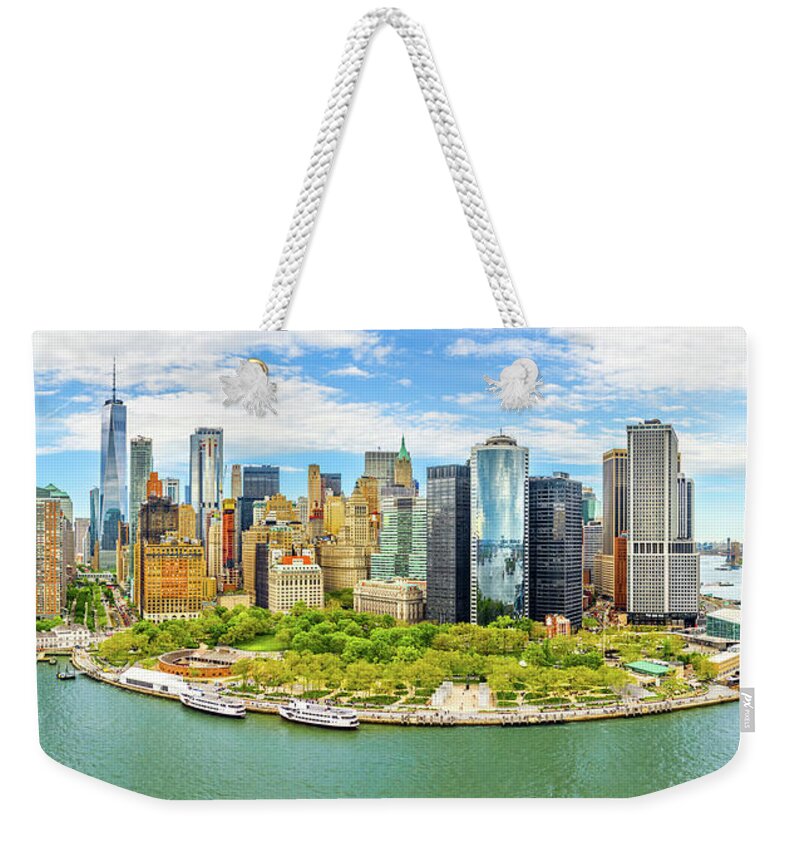 New York Weekender Tote Bag featuring the photograph Aerial panorama of Downtown New York skyline by Mihai Andritoiu