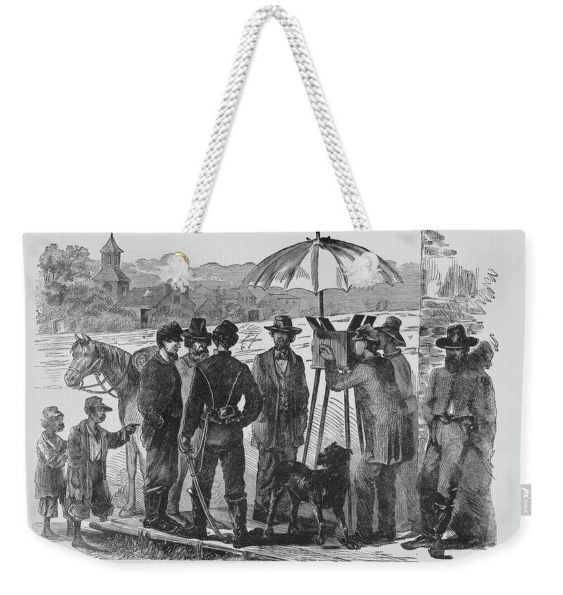 Children Weekender Tote Bag featuring the painting African American children & Soldiers are amazed by photographic cameras by Frank Leslie