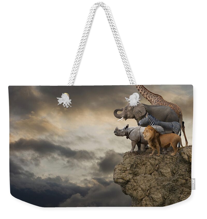 Risk Weekender Tote Bag featuring the photograph African Animals On The Edge Of A Cliff by John Lund