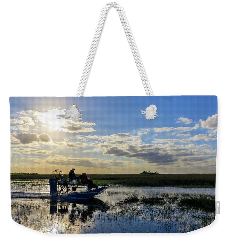 Airboat Weekender Tote Bag featuring the photograph Airboat at Sunset #660 by Michael Fryd