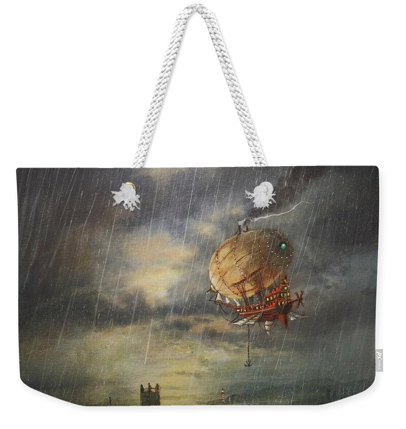 Steampunk Airship Weekender Tote Bag featuring the painting Airship In The Rain by Tom Shropshire