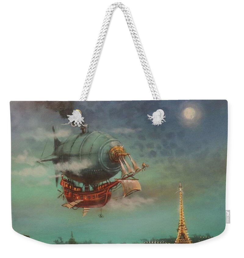 Steampunk Airship Weekender Tote Bag featuring the painting Airship Over Paris by Tom Shropshire