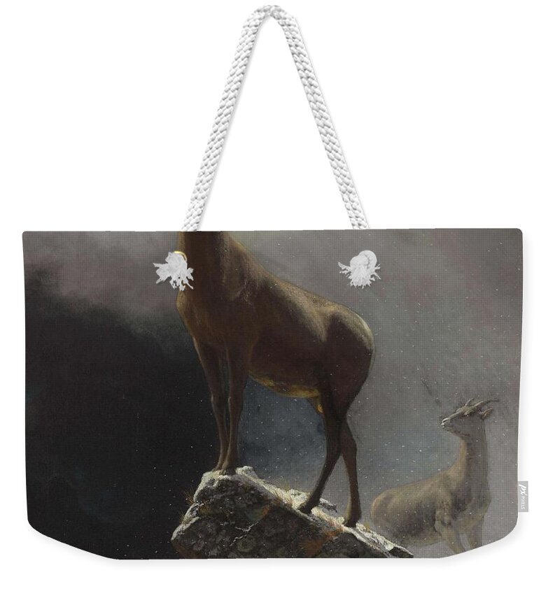 Sheep Weekender Tote Bag featuring the painting Albert_Bierstadt_-_Rocky_Mountain_Sheep_or_Big_Horn,_Ovis,_Montana by Albert Bierstadt