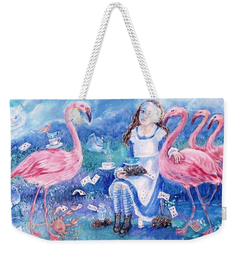 Alice In Wonderland -flamingo Weekender Tote Bag featuring the painting Alice in Wonderland -Flamingo Croquet Anyone ? by Trudi Doyle