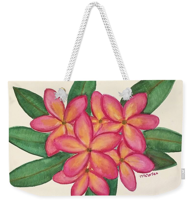 Plumeria Weekender Tote Bag featuring the painting Aloha Plumeria Bunch by M Carlen
