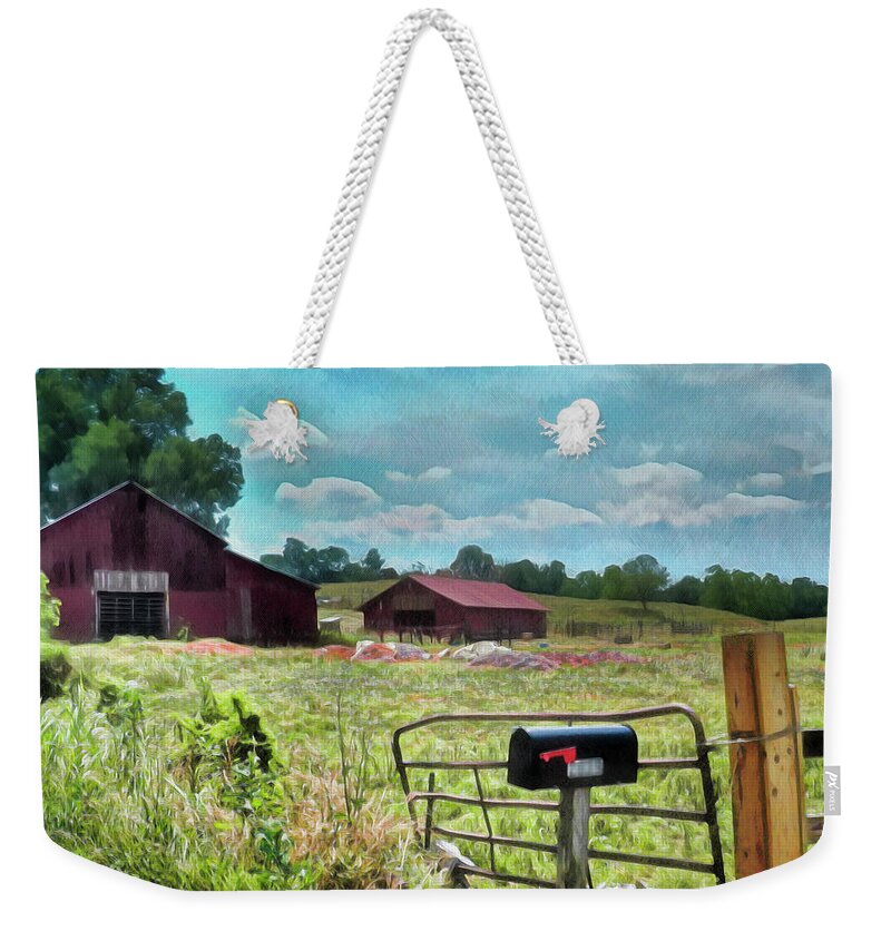 Barn Back Roads Sky Clouds Tennessee Trees Mailbox Weekender Tote Bag featuring the digital art Along the Rural Road Old Barn in Tennessee II by Rhonda Strickland
