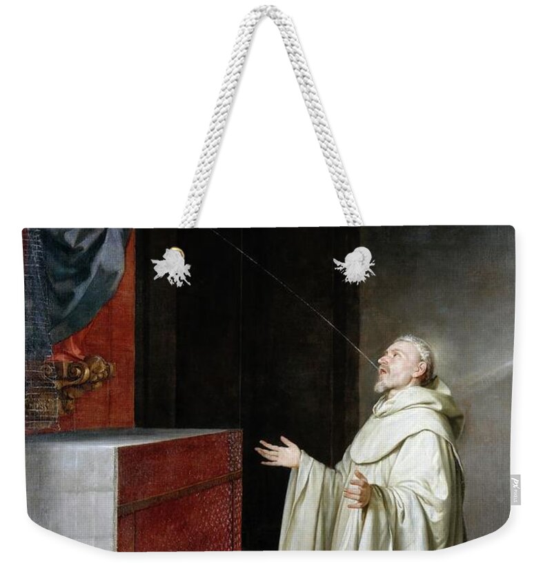 Alonzo Cano Weekender Tote Bag featuring the painting Alonso Cano / 'Saint Bernard and the Virgin', Spanish School, Oil on canvas. VIRGIN MARY. by Alonso Cano -1601-1667-