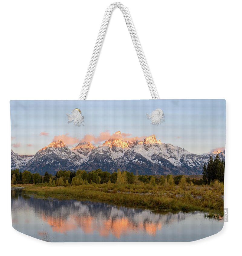 Tetons Weekender Tote Bag featuring the photograph Alpen glow by Mary Hone